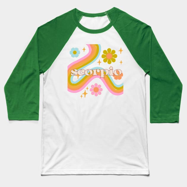 Scorpio 70s Rainbow with Flowers Baseball T-Shirt by Deardarling